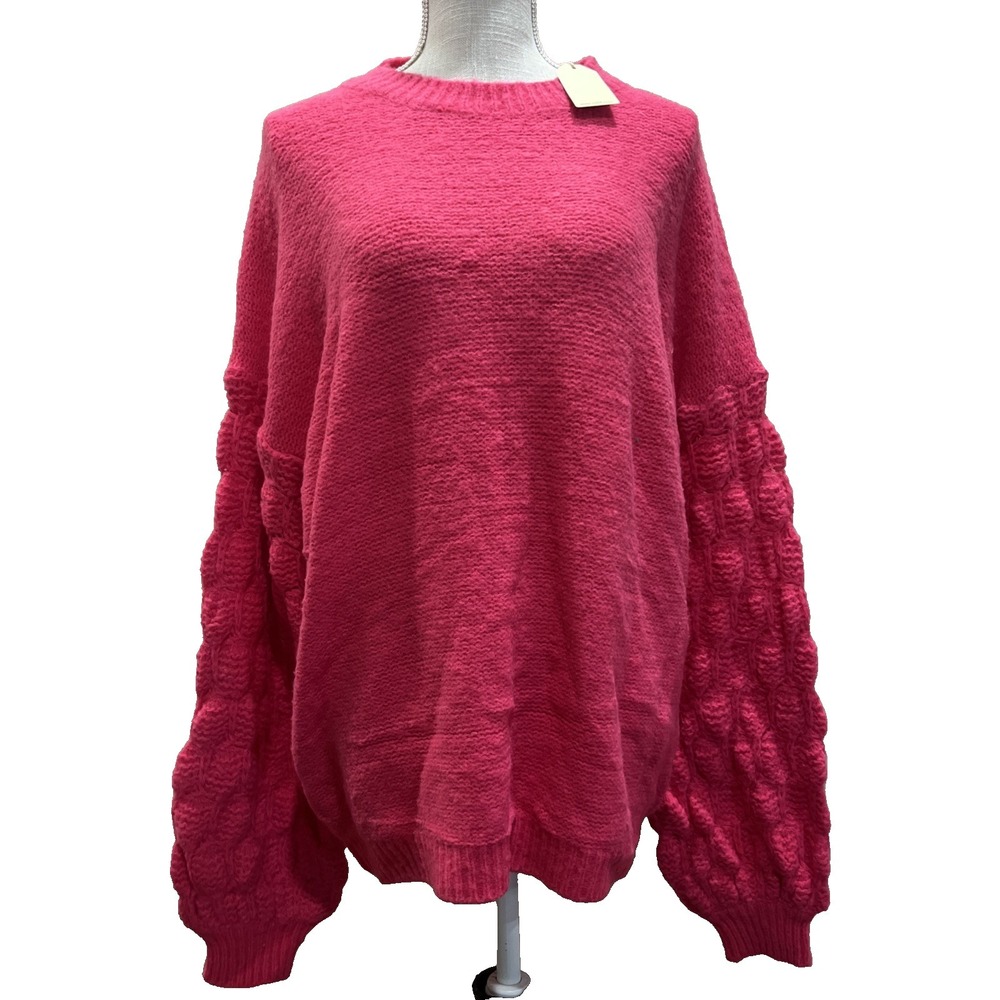 NWT Jodifl Hot Pink Cable Knit Sweater Ballooon Sleeves Womens Size Large Cozy